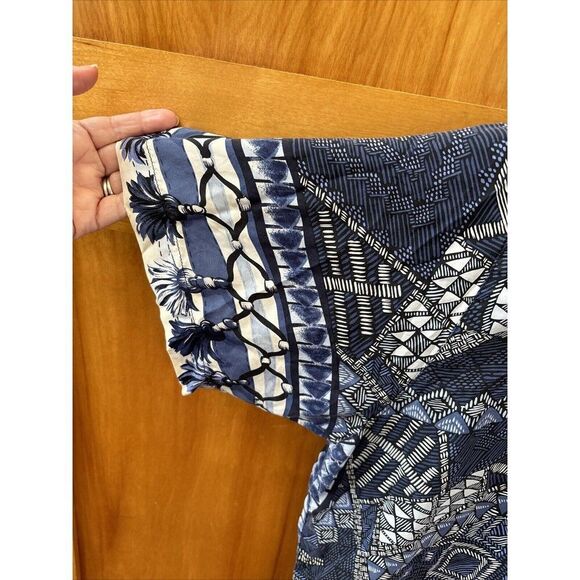 Saks Fifth Avenue Men Short Sleeve Button Shirt  2X Blue Tassel Print Silk - Picture 6 of 14